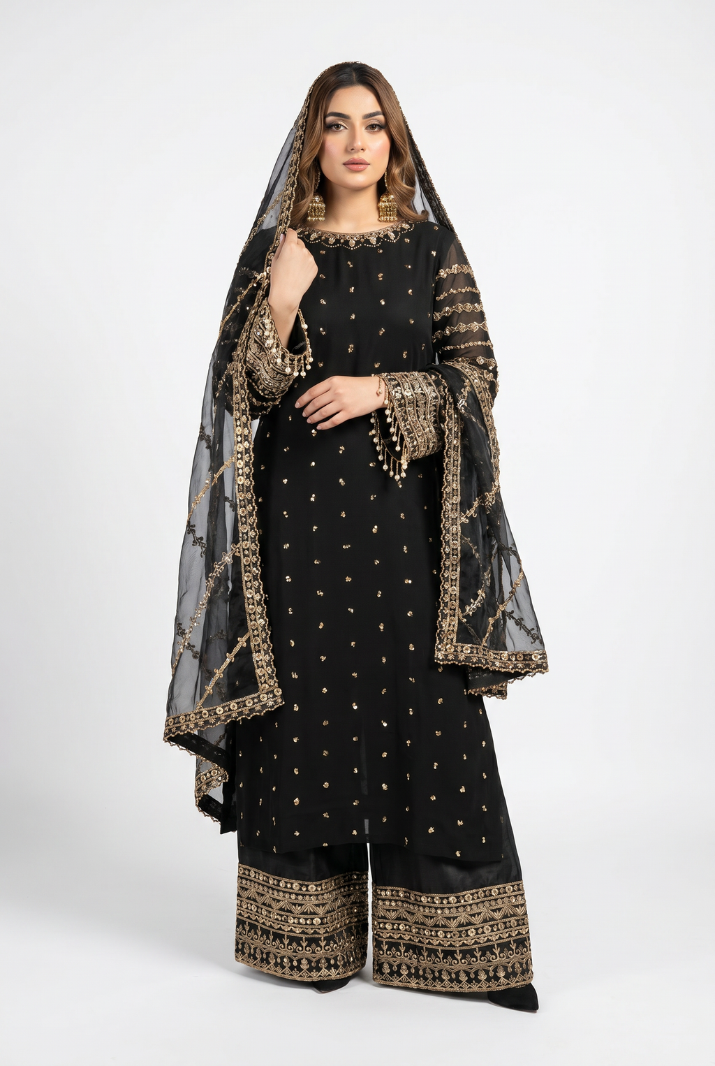 Midnight Noir – Luxury Black Embroidered Chiffon 3-Piece Suit with Dupatta