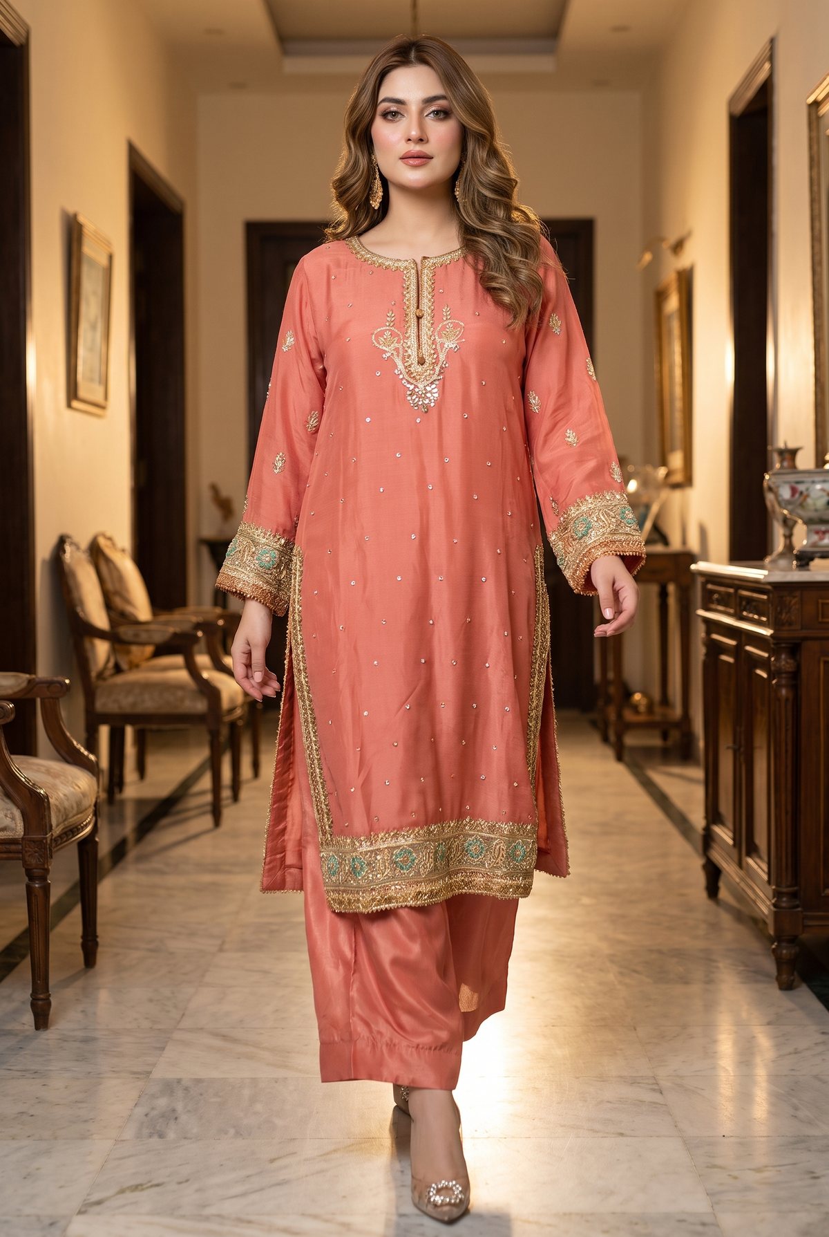 Gulrang – Luxury Coral Embroidered 2-Piece Suit with Palazzo