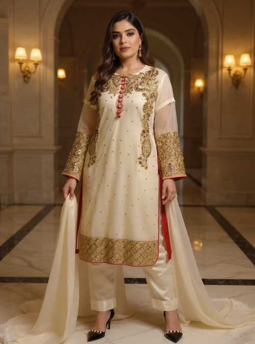 Ivory Zardozi Embroidered 3-Piece Formal Suit | Premium Pakistani Occasion Wear