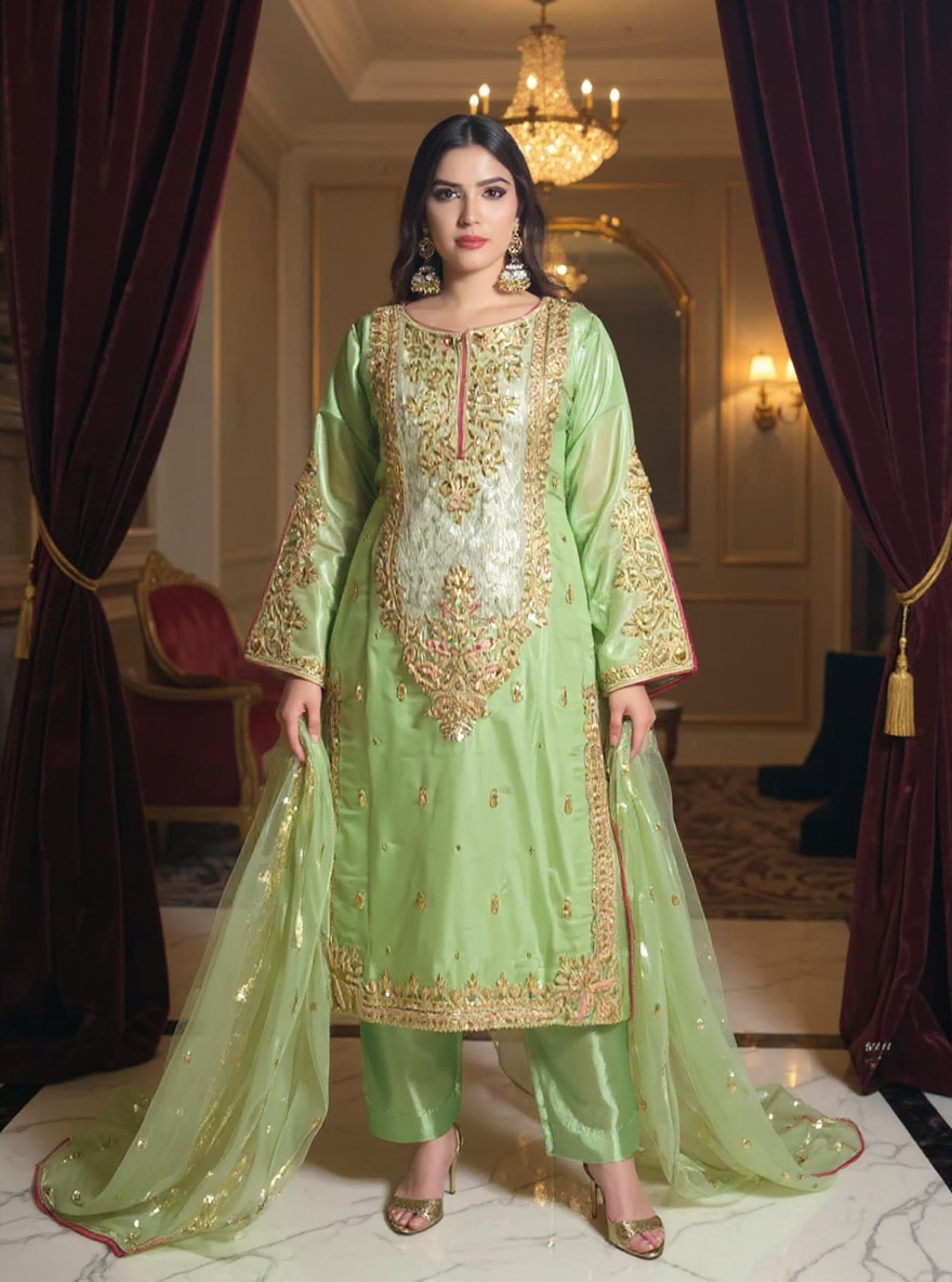 Pakistani model in sage green 3-piece luxury embroidered suit standing in elegant interior with chandelier — perfect for Eid and wedding wear
